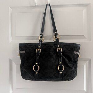 AUTHENTIC COACH Signature Gallery Tote Black Jacquard Leather Suede